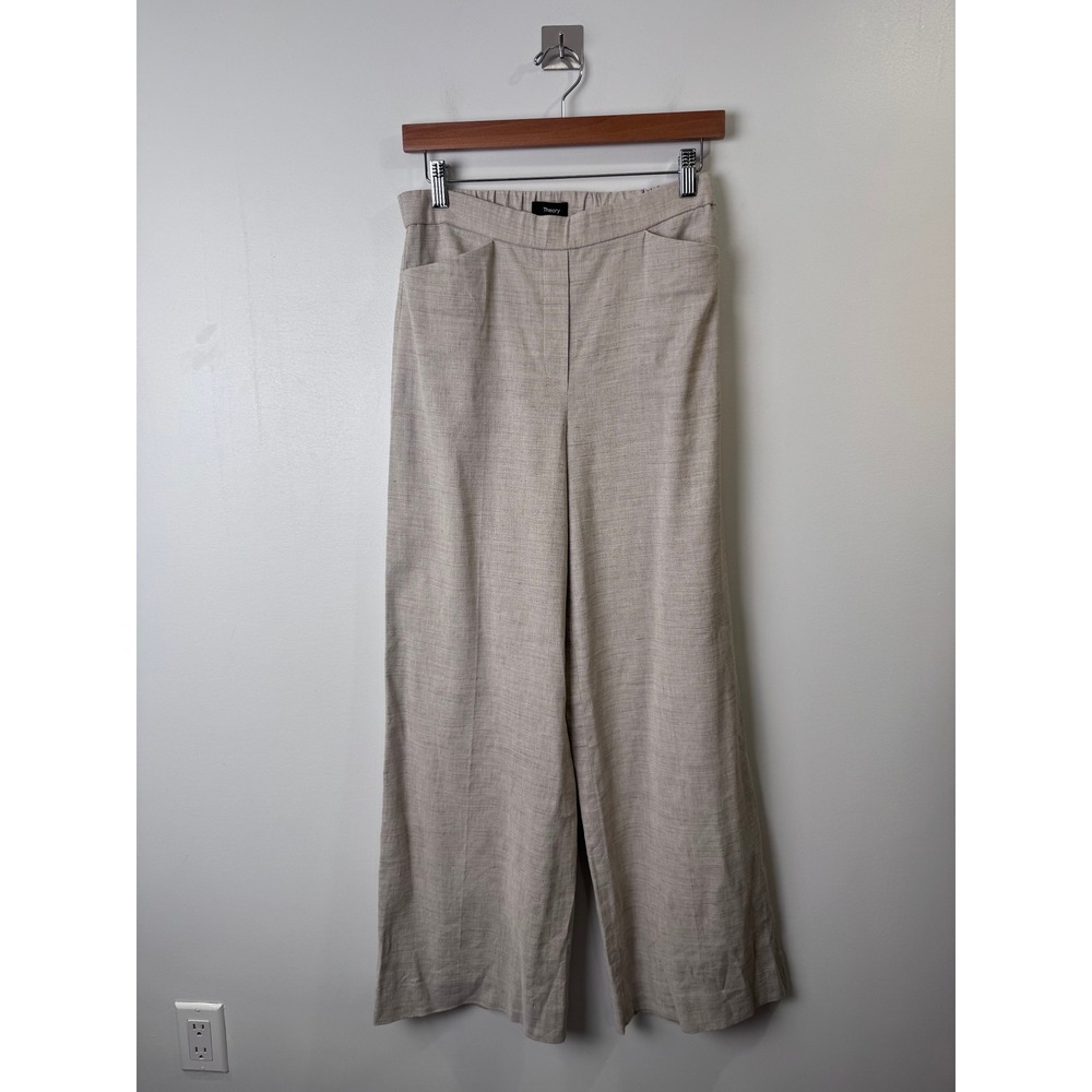 Theory Women Beige Linen Wide Leg Terena Sharkskin Pants Size 4